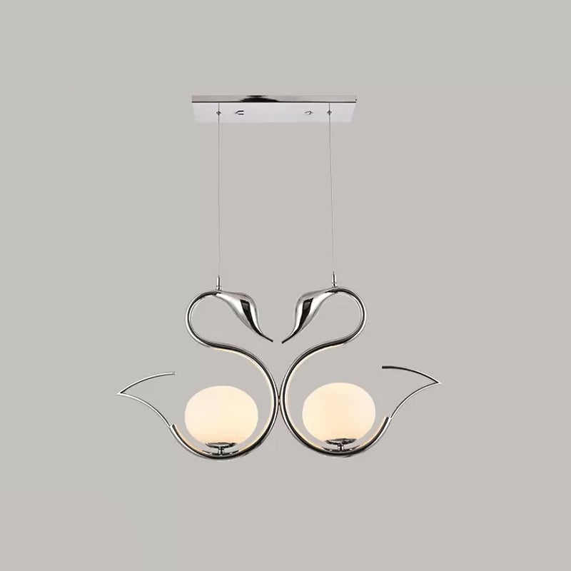 Metal Swan Shape Multi Pendant Light Modernist 2-Light Chrome Suspension Lamp with Orb White Frosted Glass Shade