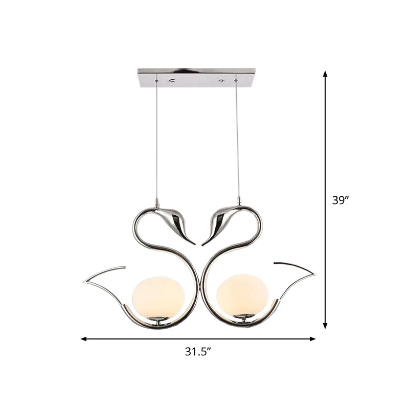 Metal Swan Shape Multi Pendant Light Modernist 2-Light Chrome Suspension Lamp with Orb White Frosted Glass Shade