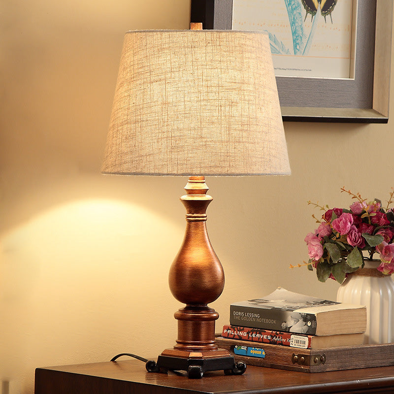 1-Head Night Lamp Vintage Tapered Fabric Table Lighting in Brown with Resin Vase Base