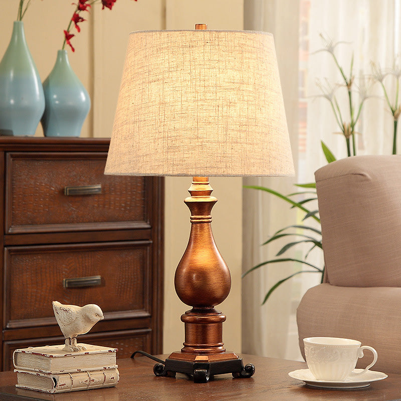 1-Head Night Lamp Vintage Tapered Fabric Table Lighting in Brown with Resin Vase Base