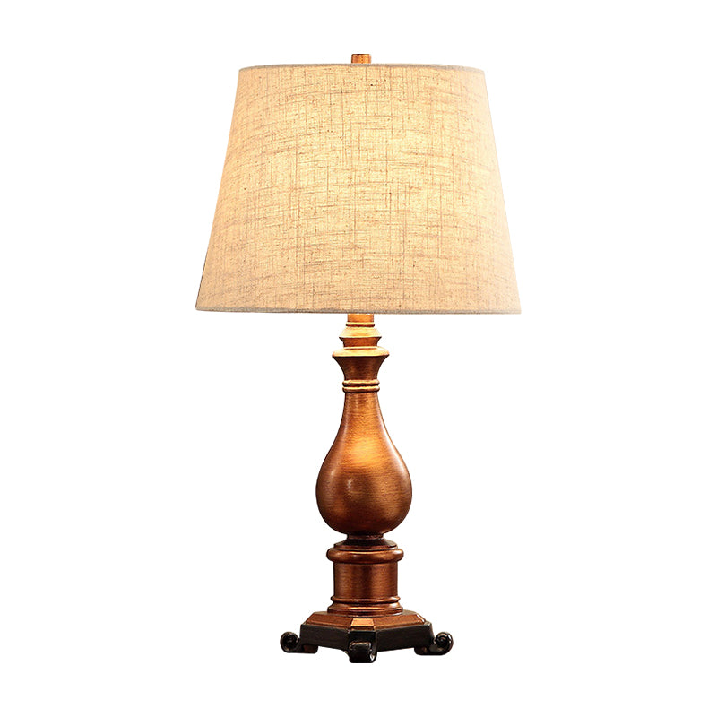 1-Head Night Lamp Vintage Tapered Fabric Table Lighting in Brown with Resin Vase Base