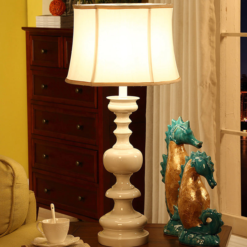 Fabric White Nightstand Light Drum Shade 1 Light Traditional Style Night Lamp with Baluster Base