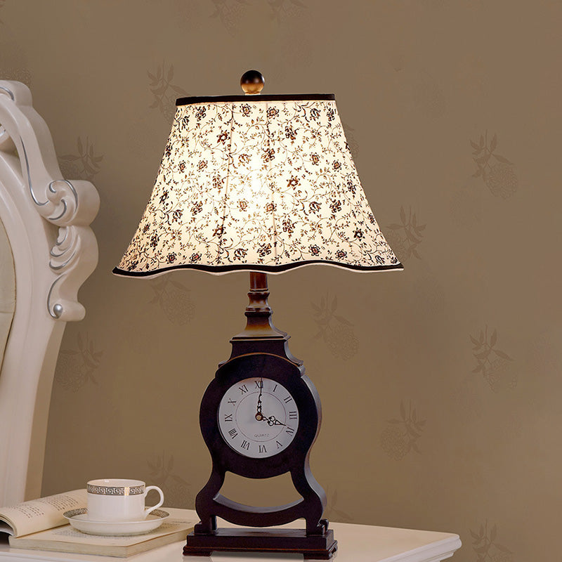 Black 1-Bulb Desk Lamp Classic Fabric Flared Flower Patterned Table Light with Clock Design