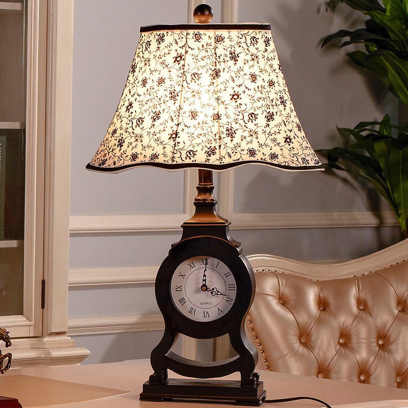 Black 1-Bulb Desk Lamp Classic Fabric Flared Flower Patterned Table Light with Clock Design