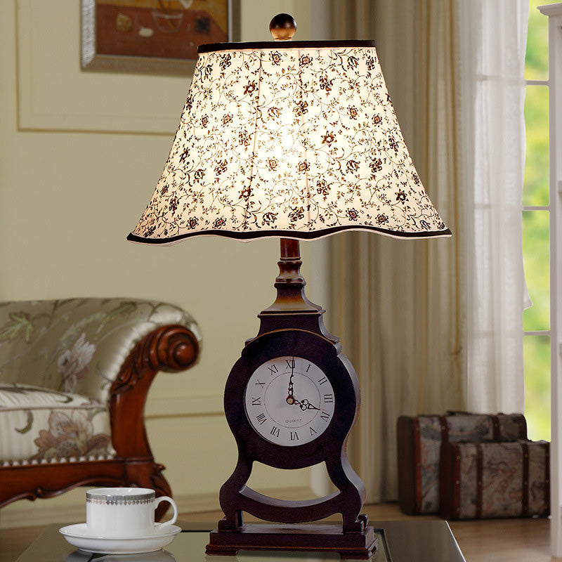 Black 1-Bulb Desk Lamp Classic Fabric Flared Flower Patterned Table Light with Clock Design