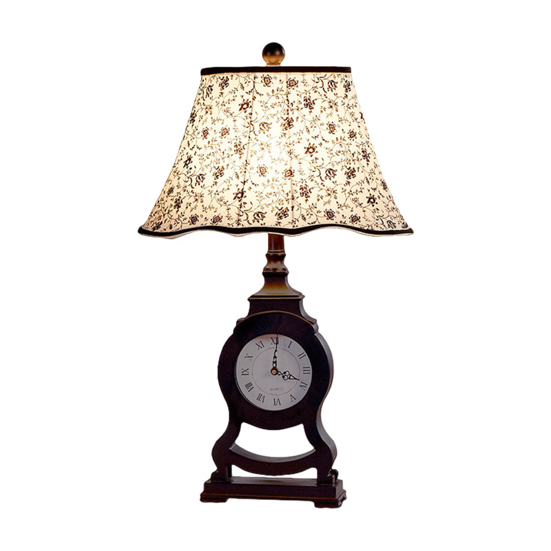 Black 1-Bulb Desk Lamp Classic Fabric Flared Flower Patterned Table Light with Clock Design