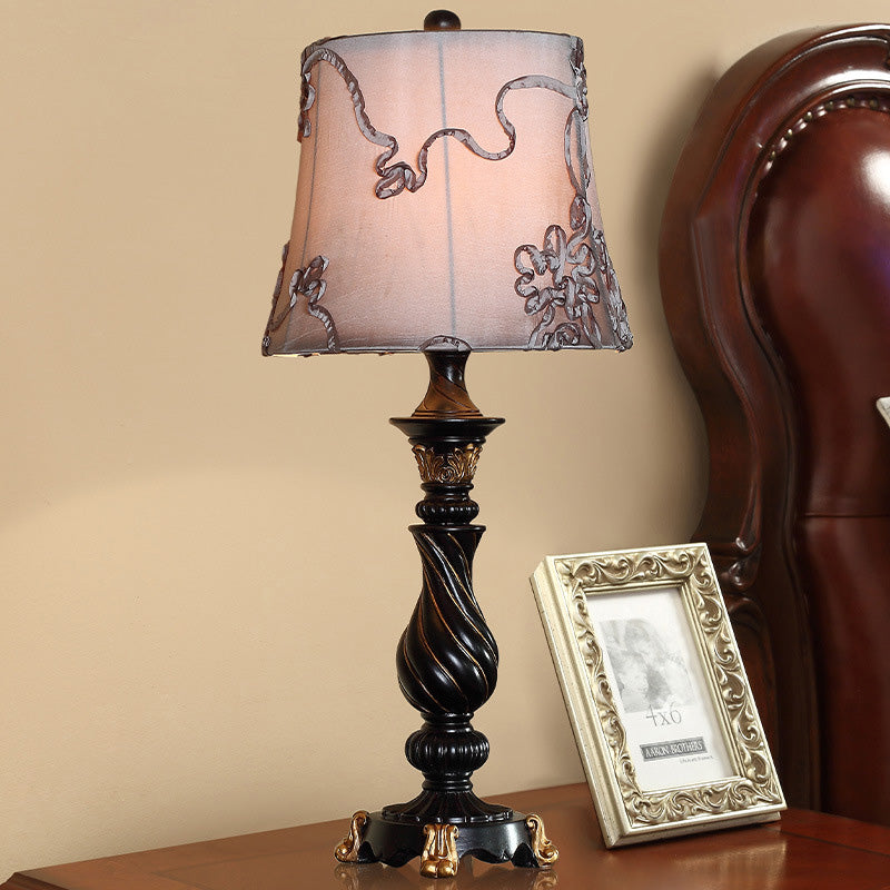 Classic Drum Night Lighting 1 Head Fabric Swirl Patterned Nightstand Lamp in Black with Blaster Base