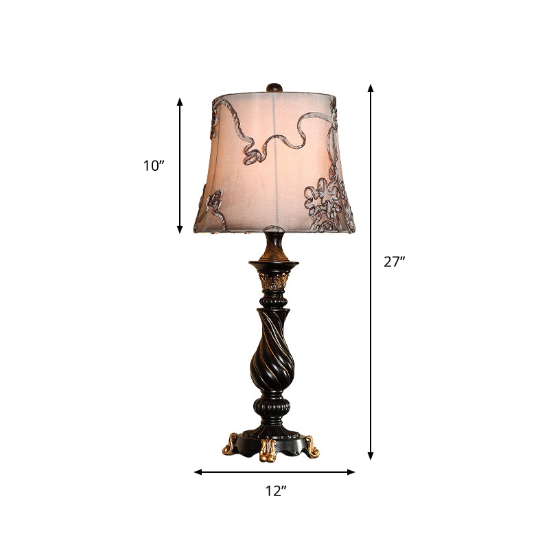 Classic Drum Night Lighting 1 Head Fabric Swirl Patterned Nightstand Lamp in Black with Blaster Base