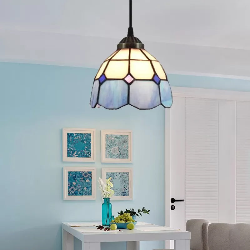 1 Bulb Ceiling Pendant Light Tiffany-Style Flower Handcrafted Stained Glass Suspension Lighting in Yellow/Light Blue/Dark Blue