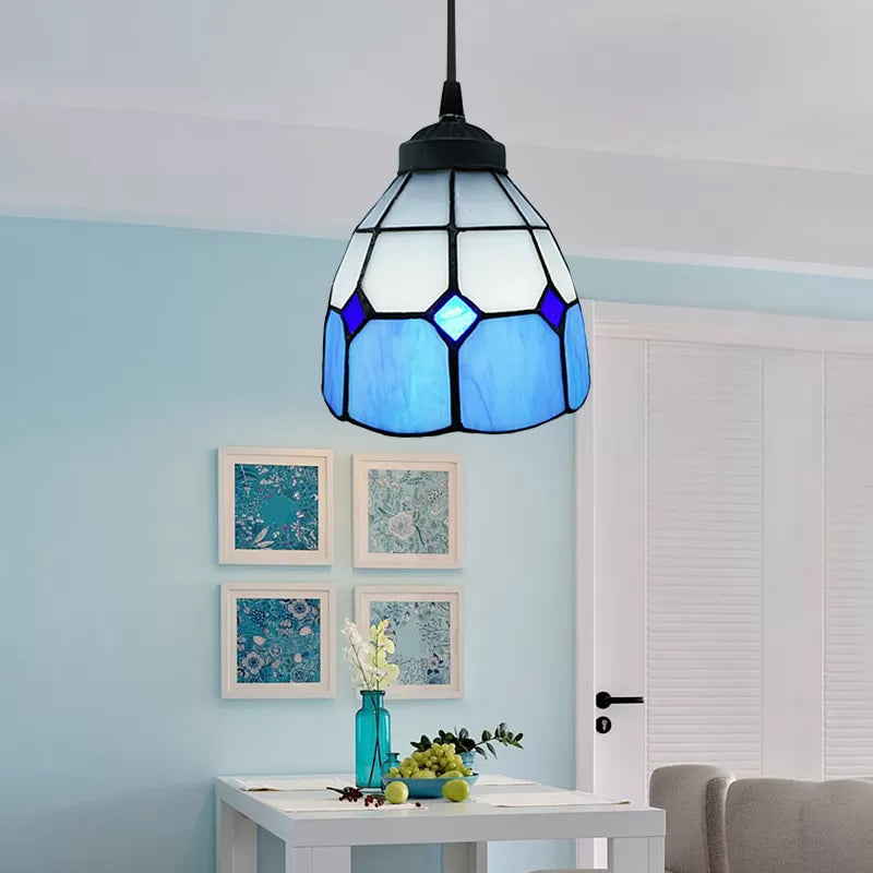 1 Bulb Ceiling Pendant Light Tiffany-Style Flower Handcrafted Stained Glass Suspension Lighting in Yellow/Light Blue/Dark Blue