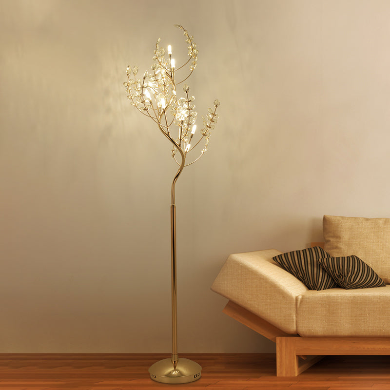 Cut Crystal Tree Standing Light Postmodern Living Room LED Stand Up Lighting in Gold