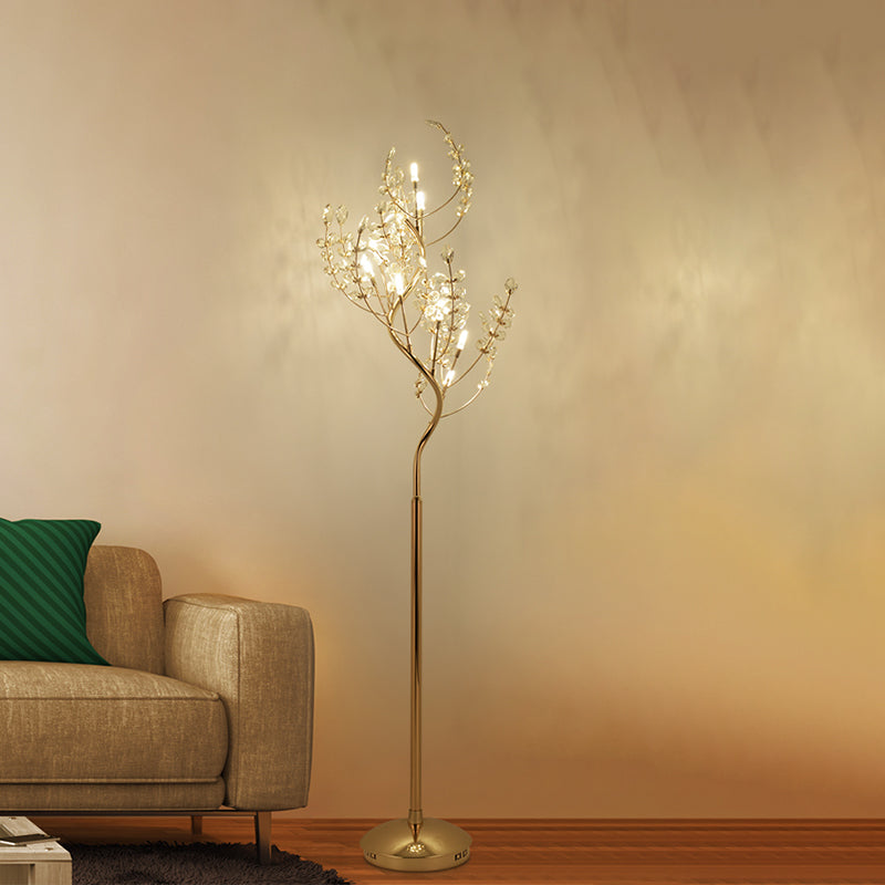 Cut Crystal Tree Standing Light Postmodern Living Room LED Stand Up Lighting in Gold