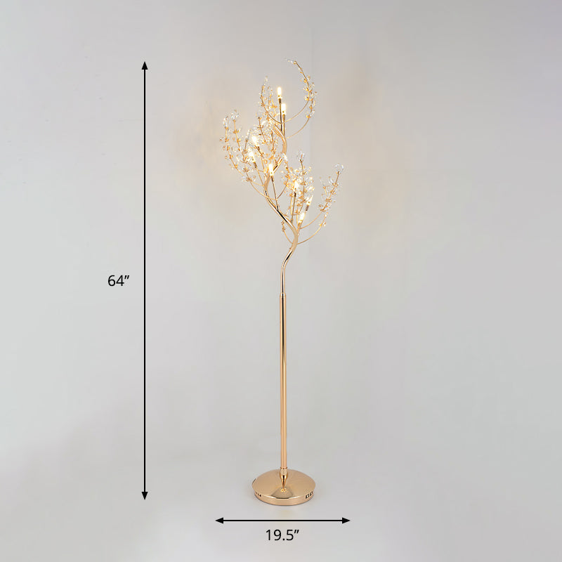 Cut Crystal Tree Standing Light Postmodern Living Room LED Stand Up Lighting in Gold