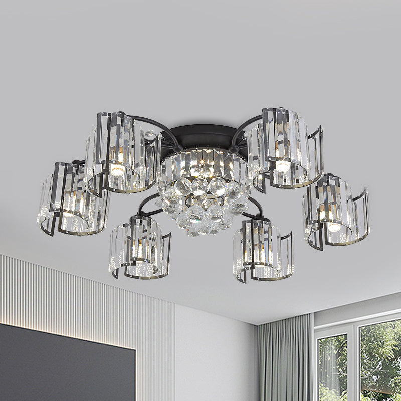 Black 4/6-Light Semi Mount Lighting Contemporary Clear Crystal Block Sputnik Flush Light Fixture