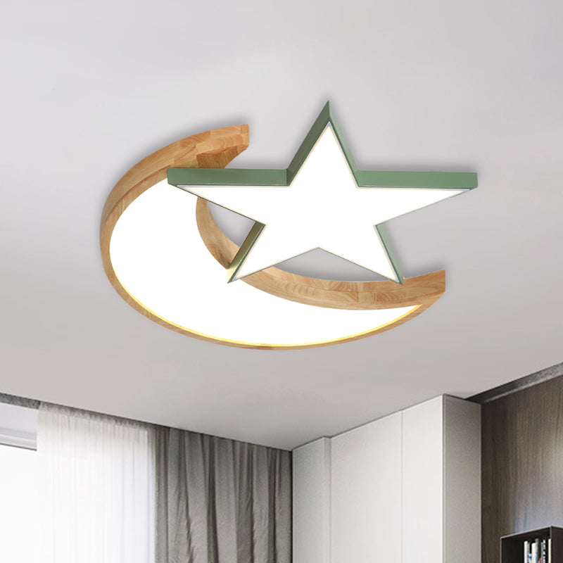 LED Bedroom Flush Light Fixture Minimalism Grey/Pink/Green Ceiling Flush with Moon and Star Acrylic Shade