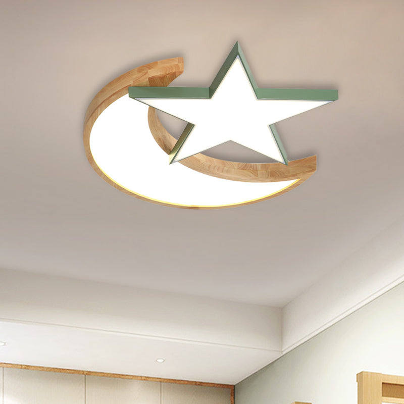 LED Bedroom Flush Light Fixture Minimalism Grey/Pink/Green Ceiling Flush with Moon and Star Acrylic Shade