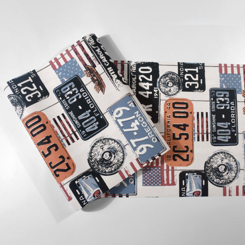 Decorative Non-Pasted Graffiti of Car Plates and USA National Flags Matted Plaster Wallpaper in Multi-Color