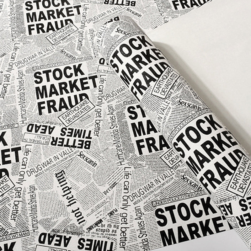 Non-Pasted Wallpaper with Black and White Newspaper under the Title of STOCK MARKET FRAUD, 20.5"W x 33'L