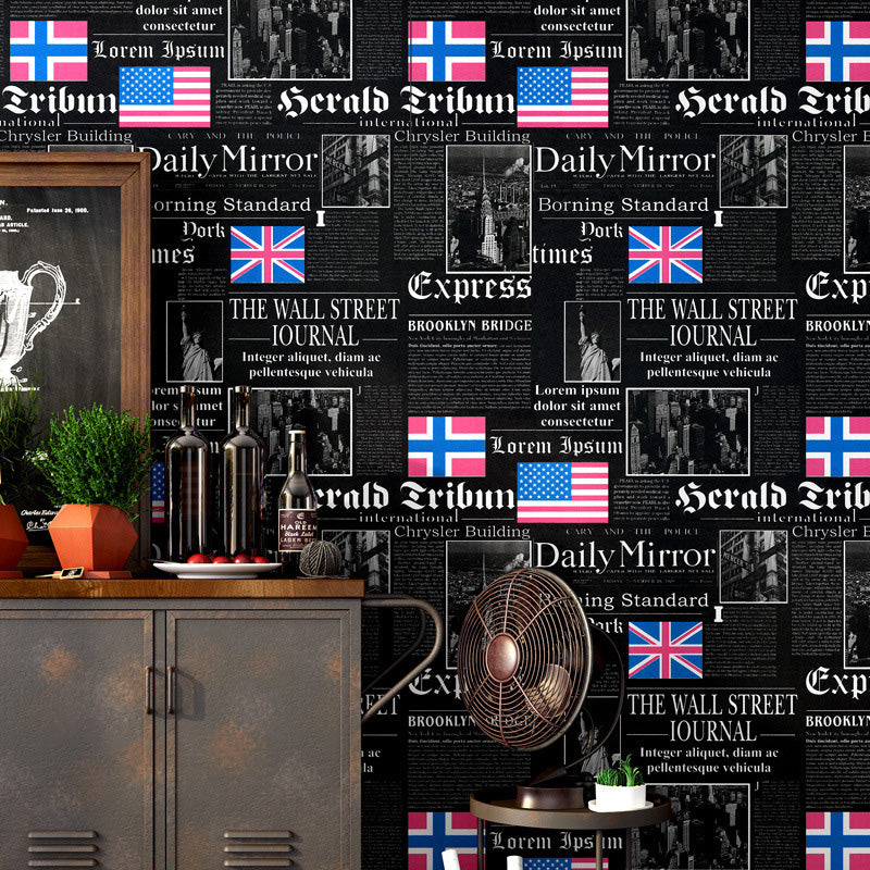 Vintage Newspaper with English Title  and  USA National Flags 33-foot x 20.5-inch Non-Pasted Washable Wallpaper