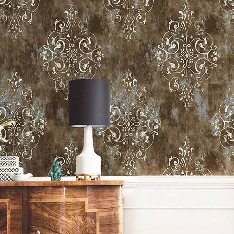 Dress Shop and Coffee Room Wallpaper with Damascus Brown Traditional Harlequins and Floral, 17.5" * 19.5', Self-Adhesive