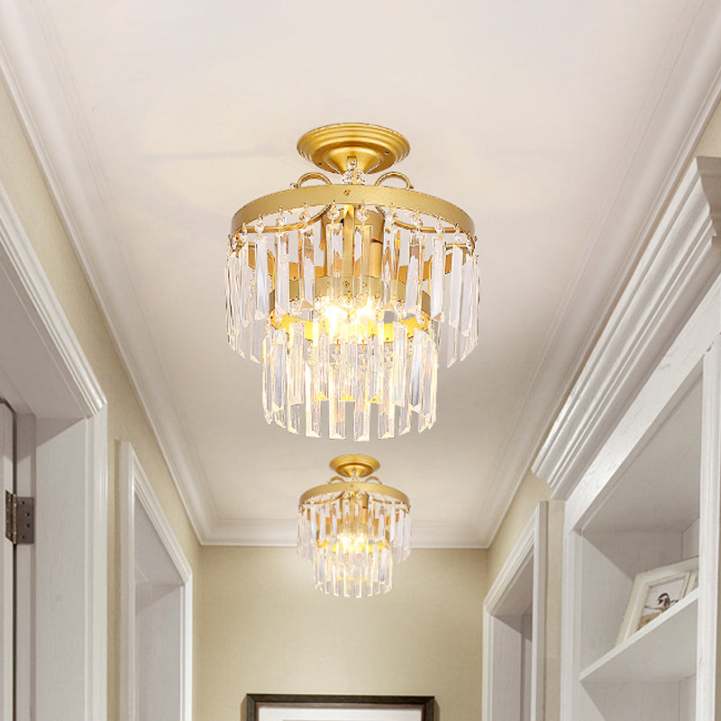 Crystal 2 Layers Semi Flush Postmodern 3/5 Bulbs Living Room Flush Mount Light Fixture in Gold