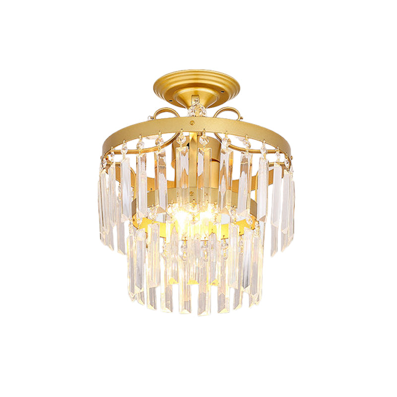 Crystal 2 Layers Semi Flush Postmodern 3/5 Bulbs Living Room Flush Mount Light Fixture in Gold