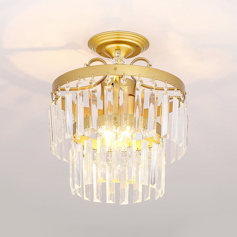 Crystal 2 Layers Semi Flush Postmodern 3/5 Bulbs Living Room Flush Mount Light Fixture in Gold