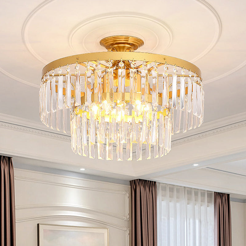 Crystal 2 Layers Semi Flush Postmodern 3/5 Bulbs Living Room Flush Mount Light Fixture in Gold