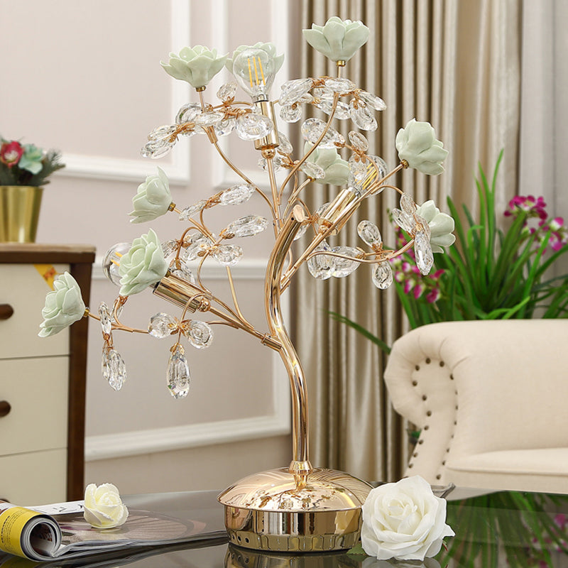 Ceramic Green Nightstand Light Spring Blossom 3 Lights American Garden Table Lamp