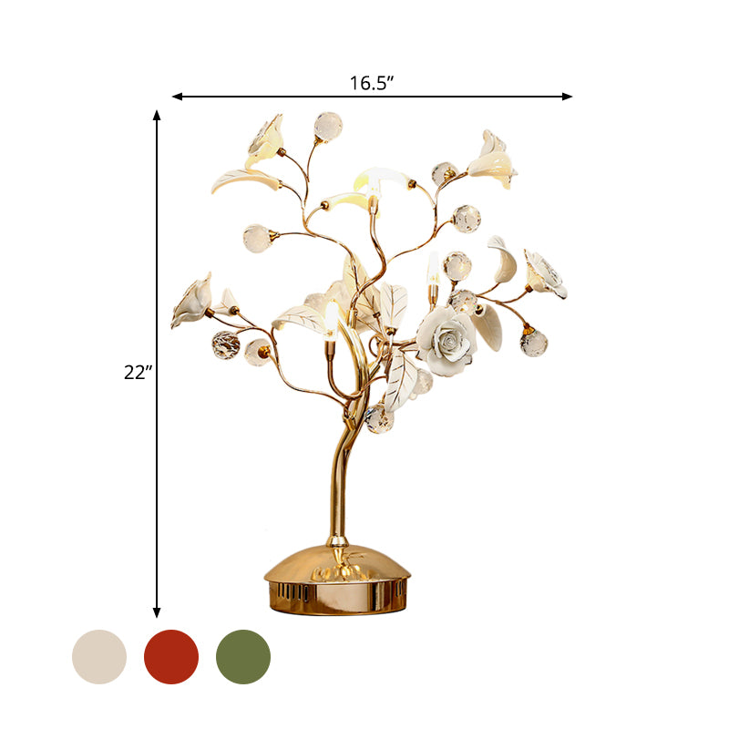 3-Bulb Flower Tree Night Lamp Korean Garden White/Red/Green Ceramic Table Light with Gold Stem