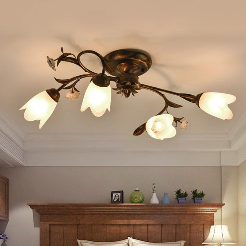 American Garden Flowers Ceiling Light 4/6/8 Heads Cream Glass Semi Flush Mount Lighting in Bronze