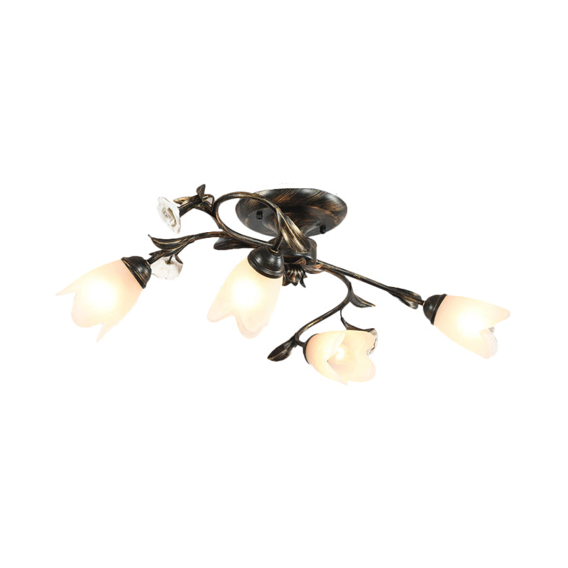 American Garden Flowers Ceiling Light 4/6/8 Heads Cream Glass Semi Flush Mount Lighting in Bronze