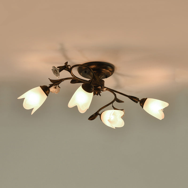 American Garden Flowers Ceiling Light 4/6/8 Heads Cream Glass Semi Flush Mount Lighting in Bronze