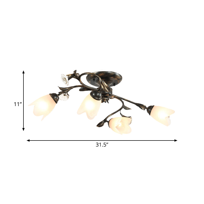 American Garden Flowers Ceiling Light 4/6/8 Heads Cream Glass Semi Flush Mount Lighting in Bronze