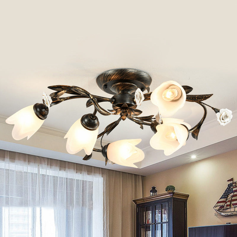 American Garden Flowers Plafond Light 4/6/8 Heads Cream Glass Semi Flush Mount Lighting in Bronze