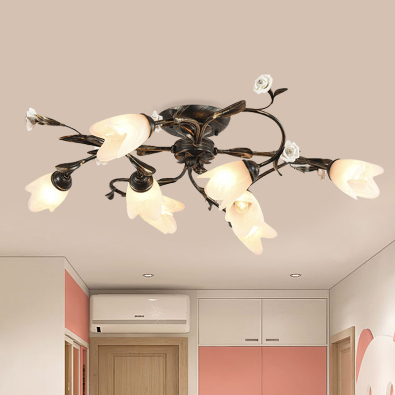 American Garden Flowers Ceiling Light 4/6/8 Heads Cream Glass Semi Flush Mount Lighting in Bronze