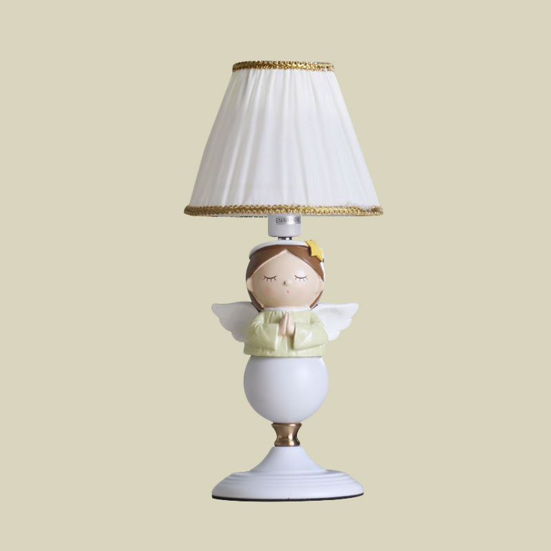 Resin Angel Night Table Light Cartoon 1 Bulb White Nightstand Lamp with Bucket Fabric Shade