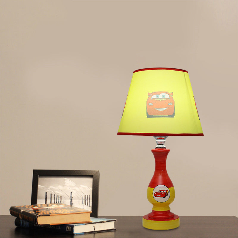 Cartoon Cone Nightstand Lamp Fabric 1-Bulb Boys Bedroom Night Light with Star/Car Pattern in Blue/Yellow