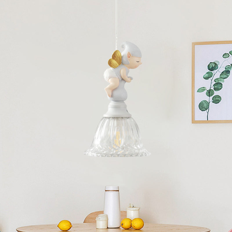 Clear Glass Bell Drop Pendant Cartoon 1 Light White Hanging Light Fixture with Butterfly Fairy Decor