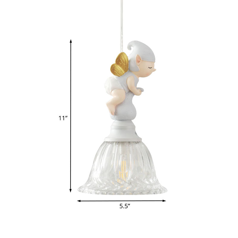 Clear Glass Bell Drop Pendant Cartoon 1 Light White Hanging Light Fixture with Butterfly Fairy Decor