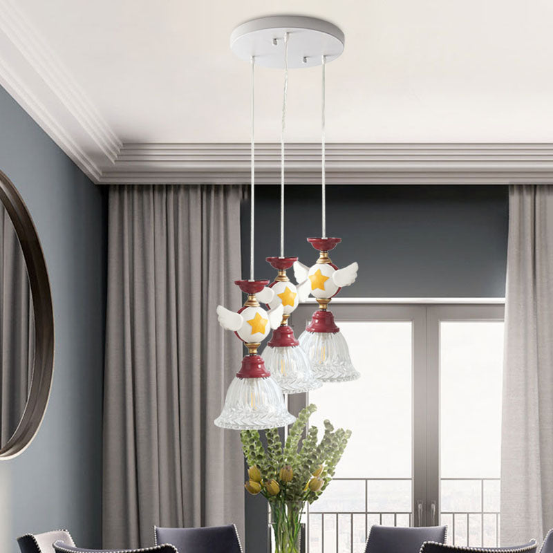 Cartoon Flared Cluster Pendant Clear Glass 3 Lights Bedroom Ceiling Suspension Lamp in Red with Globe/Bird Design