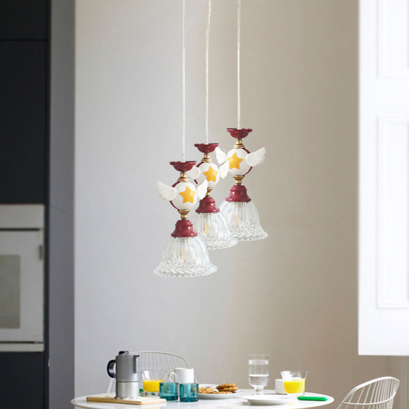 Cartoon Flared Cluster Pendant Clear Glass 3 Lights Bedroom Ceiling Suspension Lamp in Red with Globe/Bird Design