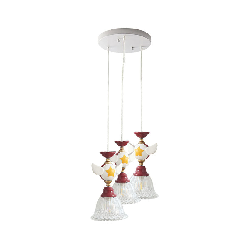 Cartoon Flared Cluster Pendant Clear Glass 3 Lights Bedroom Ceiling Suspension Lamp in Red with Globe/Bird Design