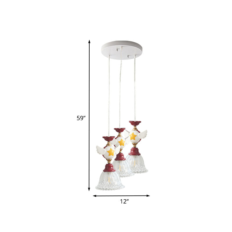 Cartoon Flared Cluster Pendant Clear Glass 3 Lights Bedroom Ceiling Suspension Lamp in Red with Globe/Bird Design