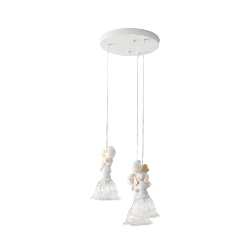 3/6-Head Multi Light Pendant Kids White Hanging Lamp with Flared Clear Glass Shade and Butterfly Fairy Decor