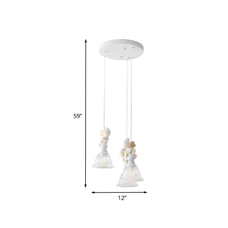 3/6-Head Multi Light Pendant Kids White Hanging Lamp with Flared Clear Glass Shade and Butterfly Fairy Decor