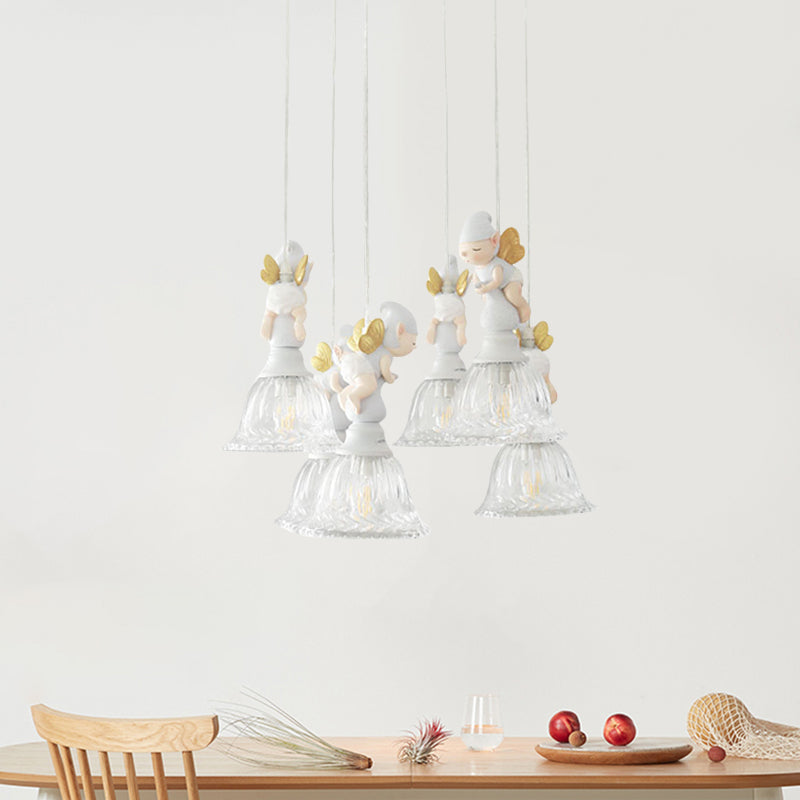 3/6-Head Multi Light Pendant Kids White Hanging Lamp with Flared Clear Glass Shade and Butterfly Fairy Decor