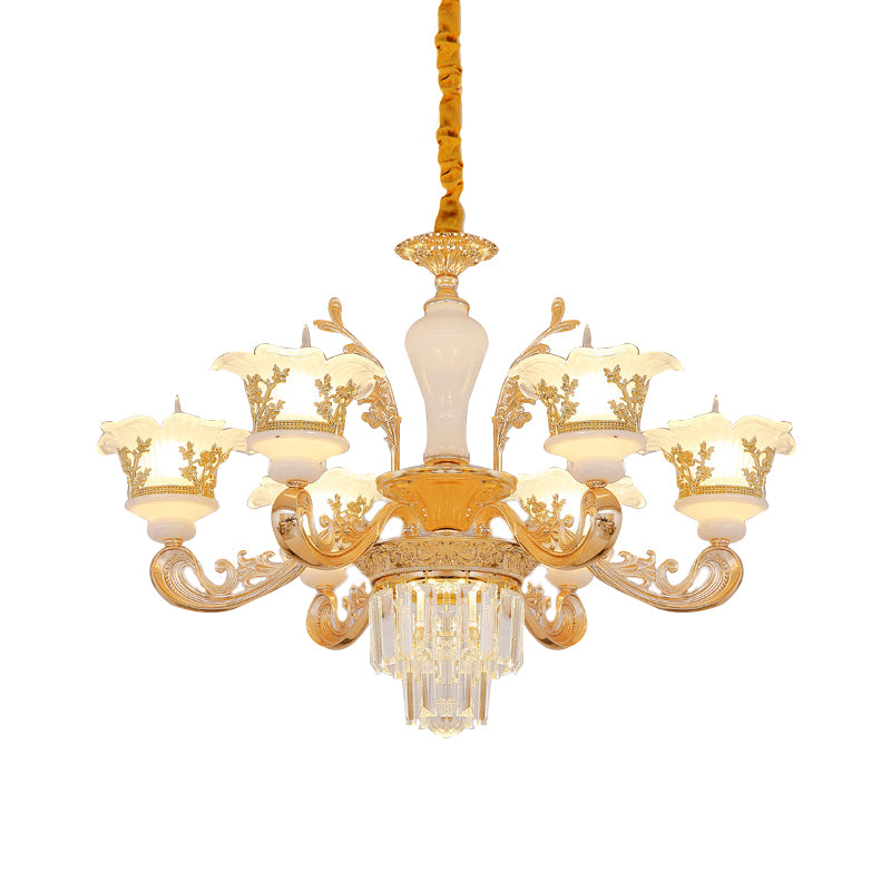 Postmodern Blossom Pendant 6 Lights Carved Cream Glass Chandelier in Gold with Crystal Accent