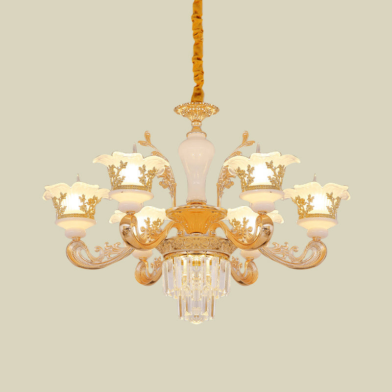 Postmodern Blossom Pendant 6 Lights Carved Cream Glass Chandelier in Gold with Crystal Accent