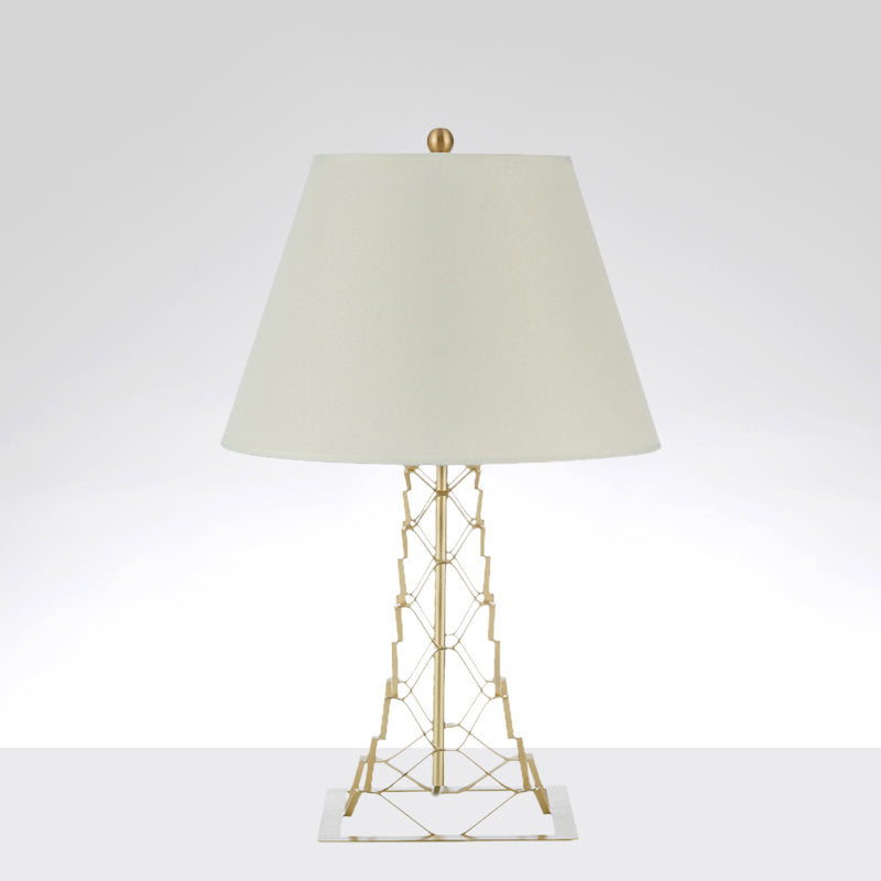 Tower-Like Frame Table Lighting Modern Metal 1-Bulb Gold Finish Night Lamp with Conic White Fabric Shade